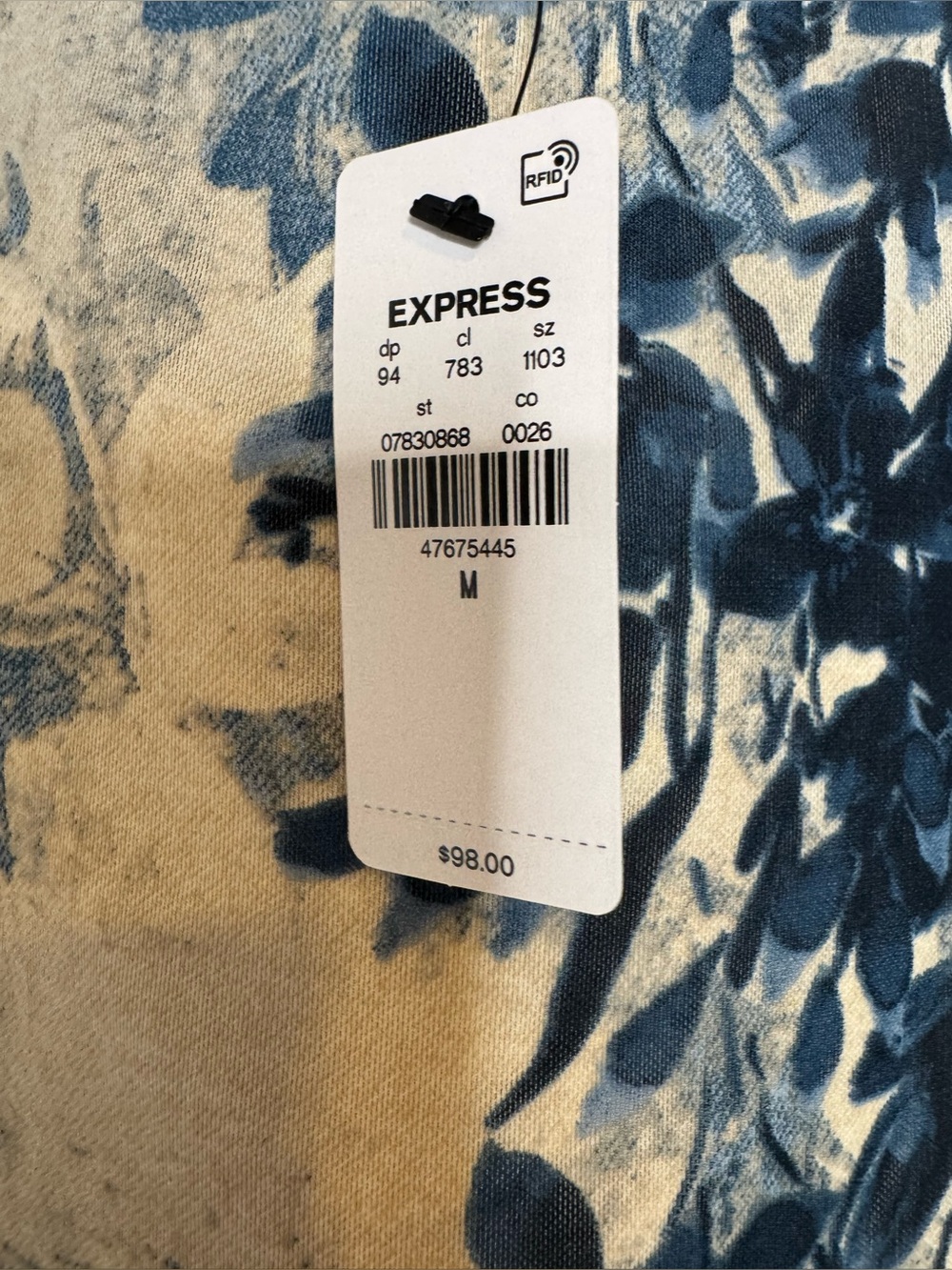 Express Cream Maxi Dress with Blue Floral Print long sleeve fitted stretch MD - Picture 3 of 4